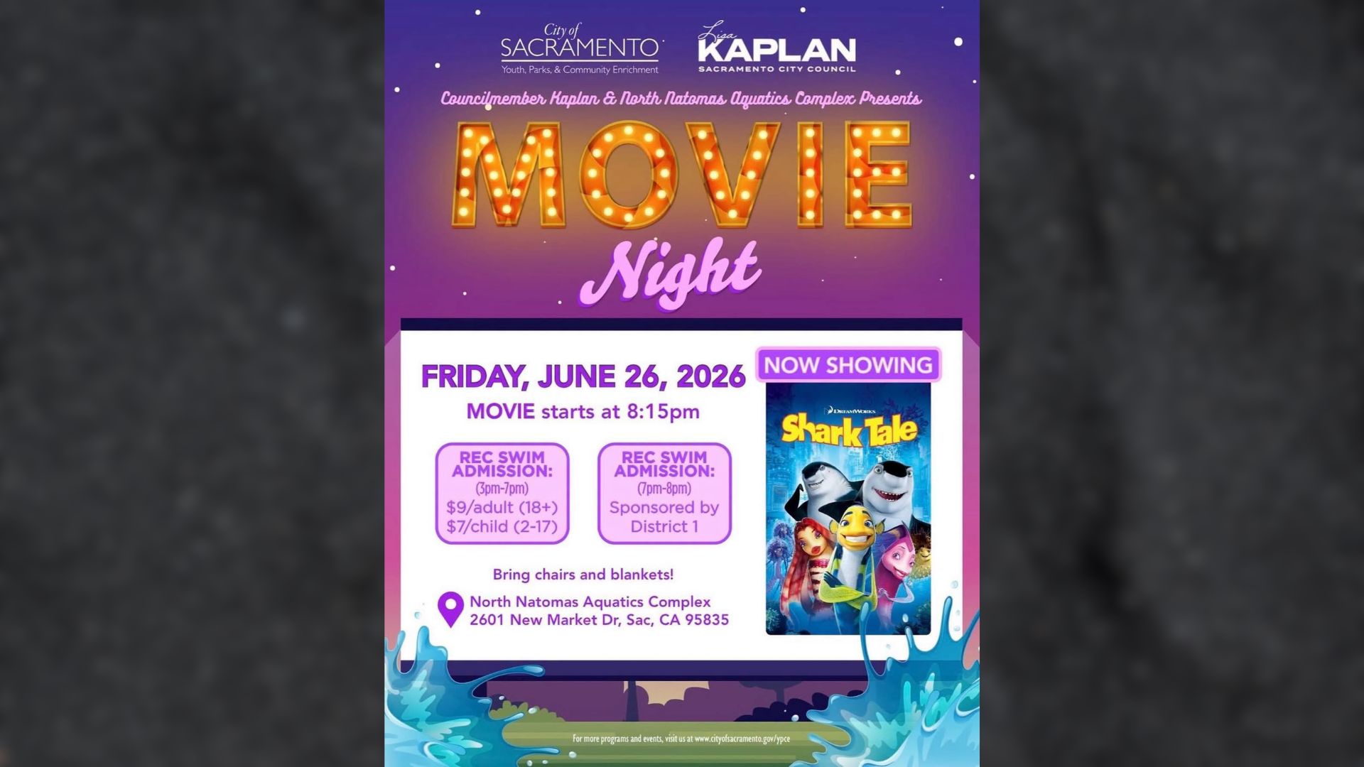Families in District 1 will have a chance to ease into summer this Friday night with a free evening event built around swimming, popcorn, and a movie under the sky.