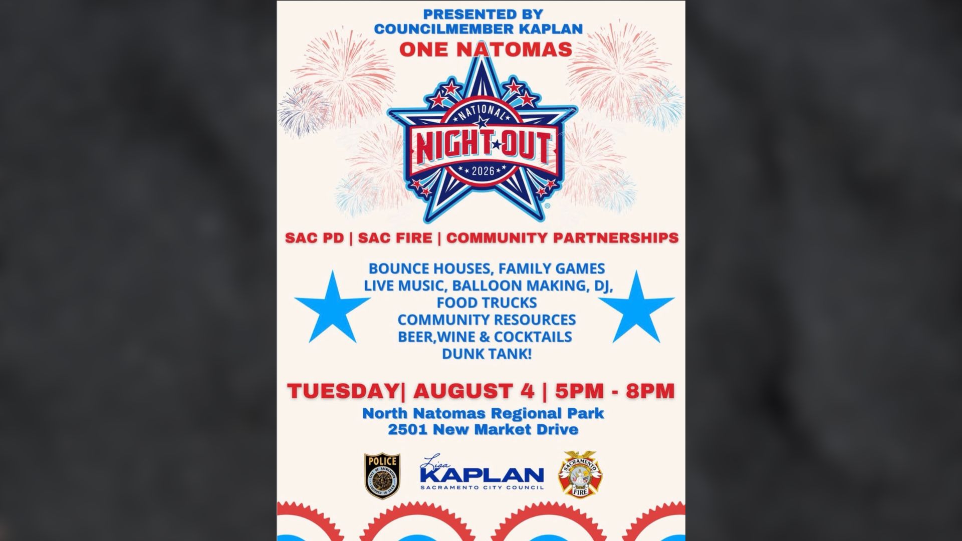 Natomas residents are being asked to save Tuesday, August 4, for National Night Out with Councilmember Lisa Kaplan. The event will run from 5 to 8 p.m., bringing families, local businesses, law enforcement and community organizations together in one shared space.